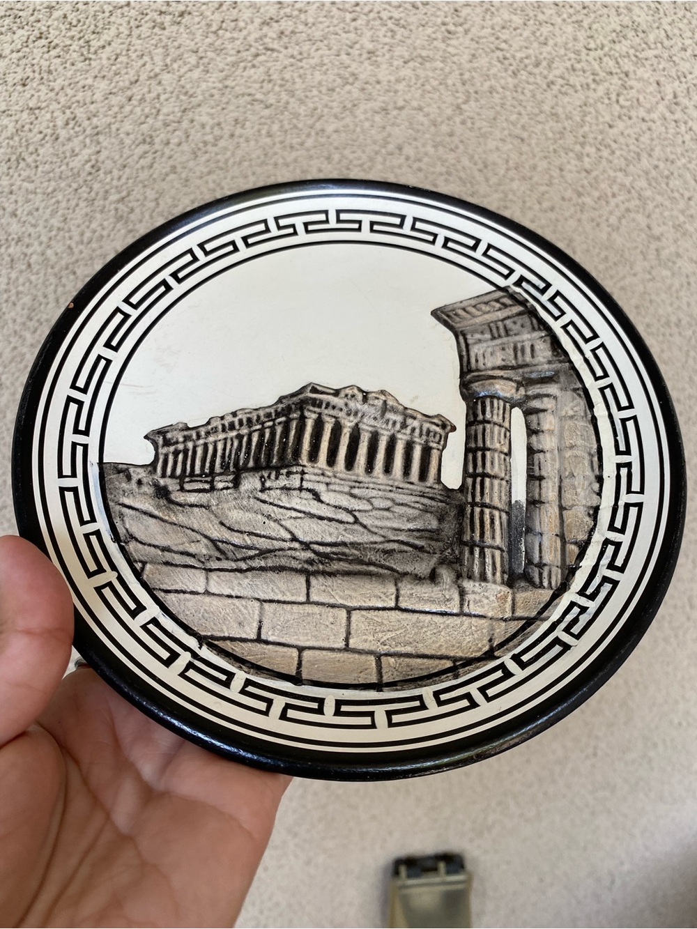 Greek Relief Ceramic Wall Plaque in Black, White and Beige